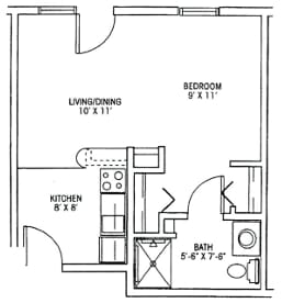 Architectural floor plan of a one-bedroom unit