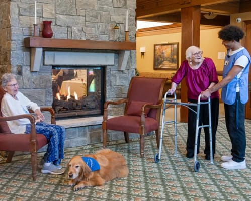 Residents interacting with staff and therapy dog by a fireplace