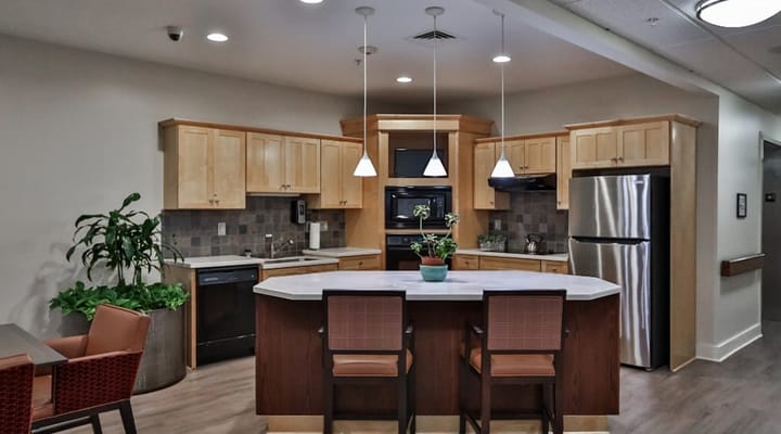 Bright and modern kitchen area in a senior living facility