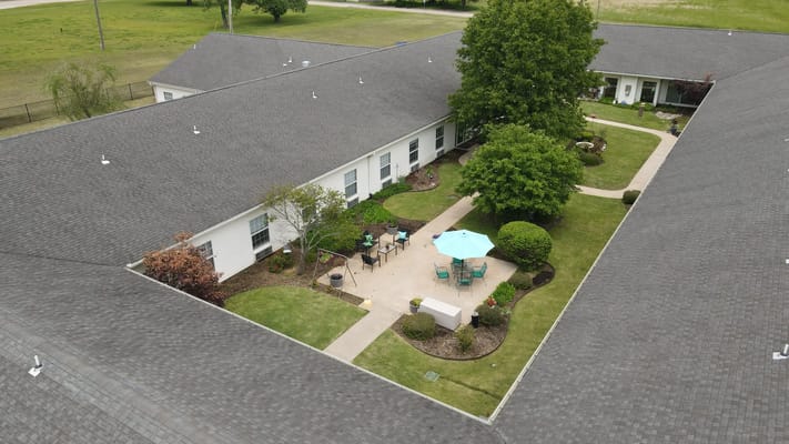 Aerial view of a well-maintained outdoor courtyard