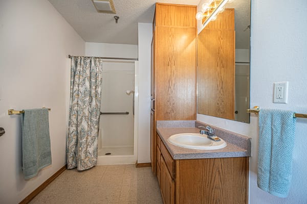 Well-lit photo of a bathroom in the assisted living facility