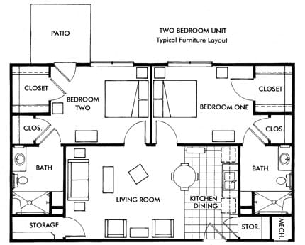 Floor plan of a two-bedroom unit with furniture layout