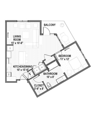 Architectural floor plan of a one-bedroom unit