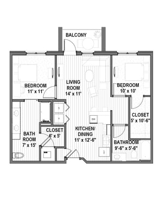 Architectural floor plan of a two-bedroom unit