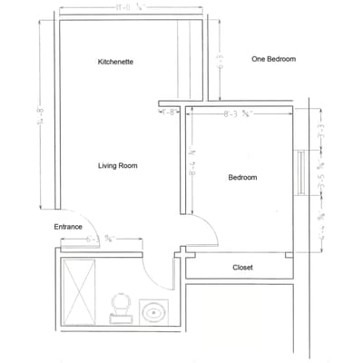 Detailed architectural floor plan of a one-bedroom unit
