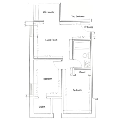 Architectural floor plan of a two-bedroom unit
