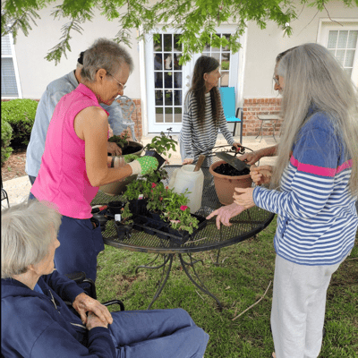 Residents participating in a gardening activity outside