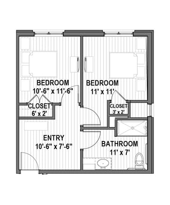 Architectural floor plan of a two-bedroom unit