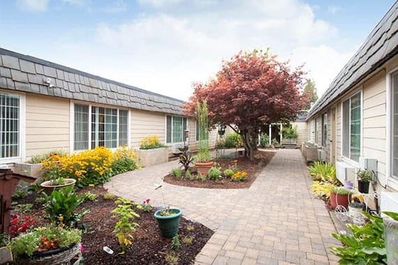 Garden courtyard with colorful flowers and pathways