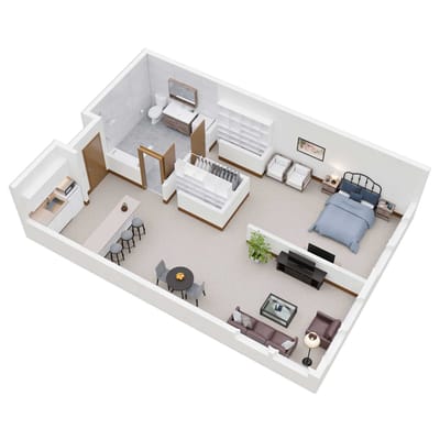 3D floor plan of a resident's room