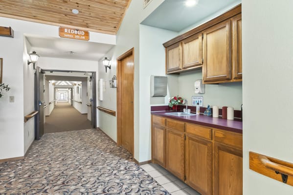 Interior view of a hallway with a kitchenette
