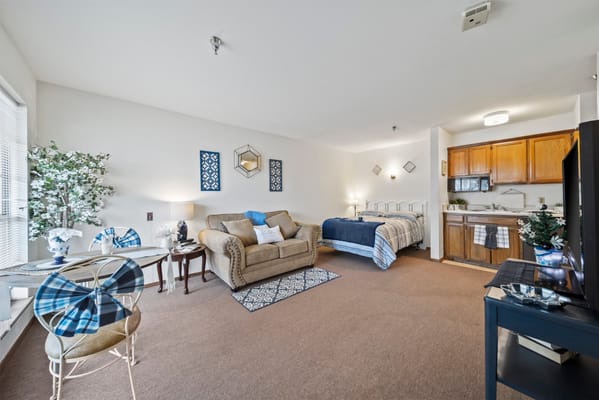 Cozy interior view of a resident room in a retirement facility