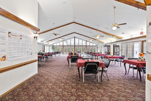 Dining area with tables and decorative elements