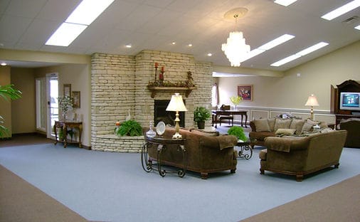Common area with comfortable seating and fireplace