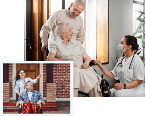 Medical staff interacting with residents in a welcoming common area