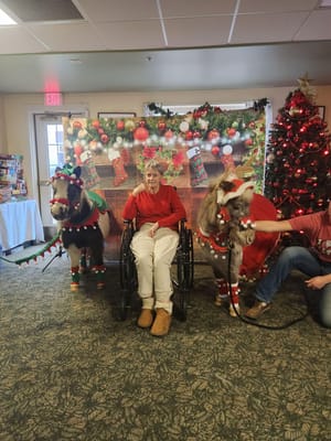 A resident with two small decorated ponies during a festive event
