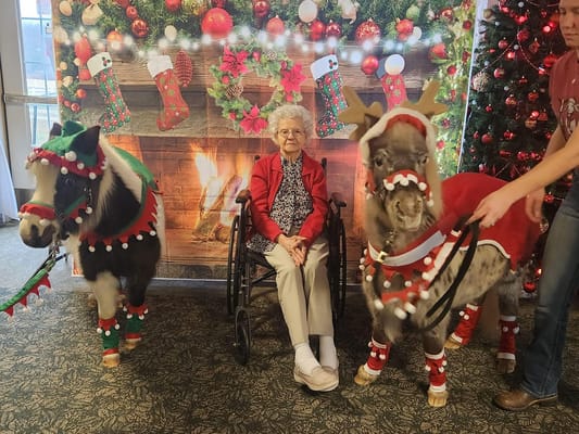 Resident enjoying holiday festivities with miniature horses