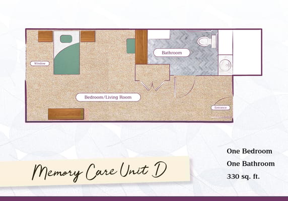 Architectural floor plan of a memory care unit