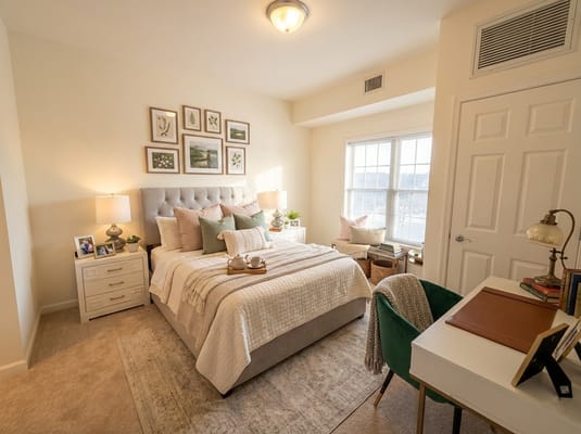 Well-decorated resident room with natural light