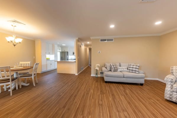 Bright and inviting common area with seating