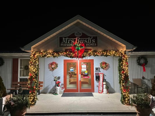 Exterior view of Mrs. Bush's Personal Care Home decorated for the holidays