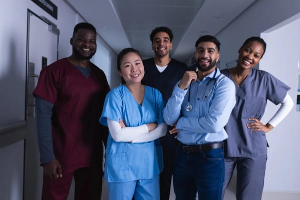 Healthcare staff smiling in a corridor
