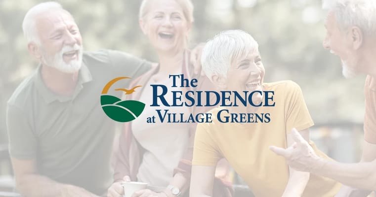 Logo of The Residence at Village Greens with background image of residents