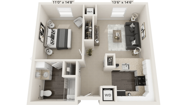 Architectural floor plan of a one-bedroom unit