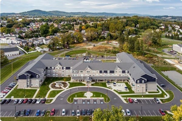 Aerial view of the assisted living facility with landscaping