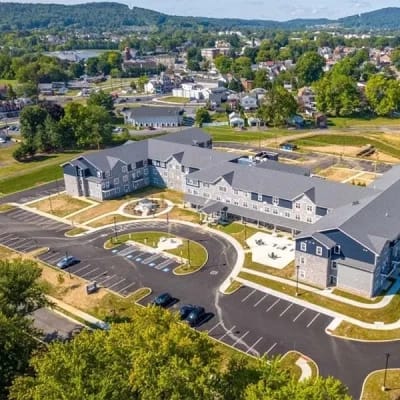 Aerial view of the exterior of a senior living facility