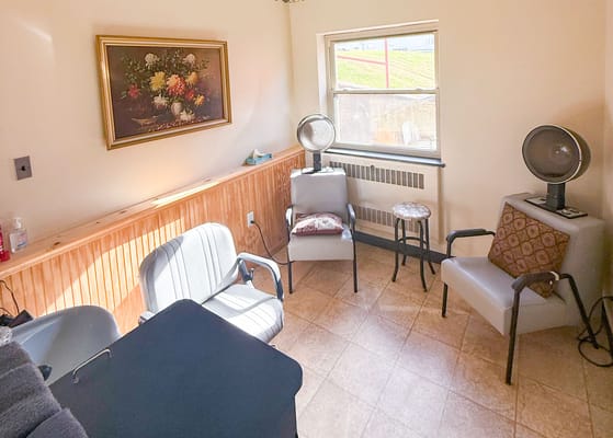 Interior view of a quiet common area with seating