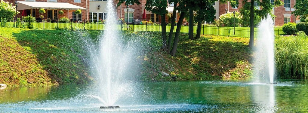 Outdoor view featuring fountains and facility buildings
