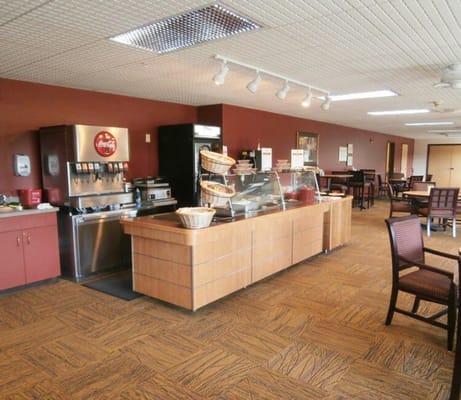 Interior view of a dining area with serving station