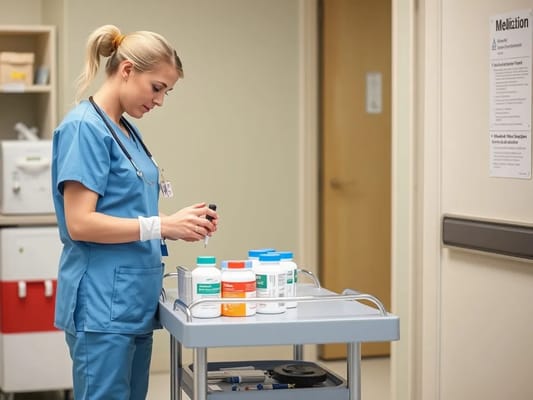 A nurse preparing medication at a care facility