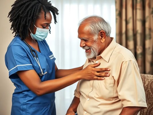 Healthcare worker interacting with a senior resident in a cozy room