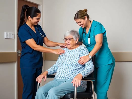 Two caregivers assisting a resident in the facility