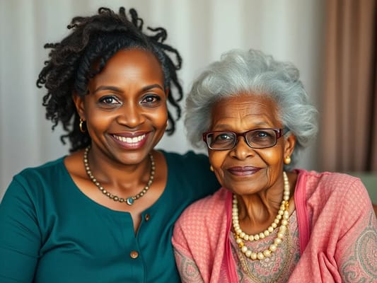 Two women smiling together in a cozy indoor setting