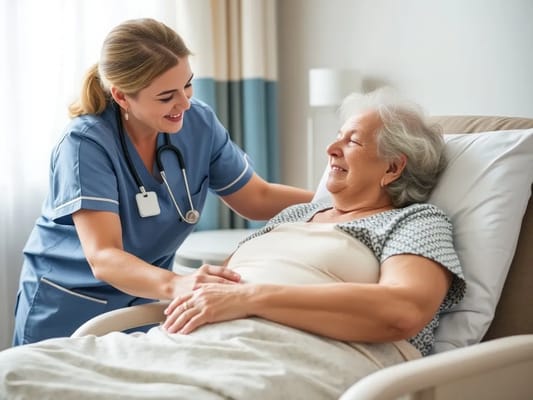 Nurse assisting a smiling resident in a cozy room