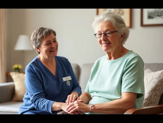 Staff member interacting with a resident in a common area