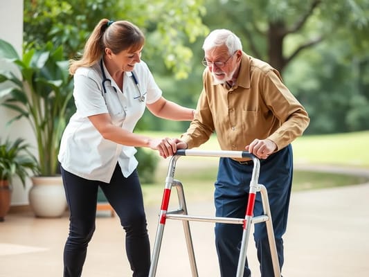 Staff assisting a resident with a walker