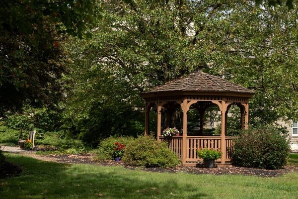A gazebo surrounded by greenery in a landscaped area