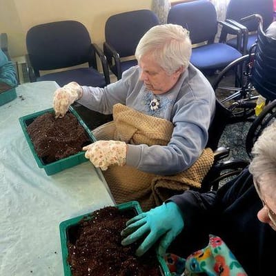 Residents planting in a communal activity area