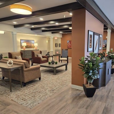 Interior view of a common area with seating