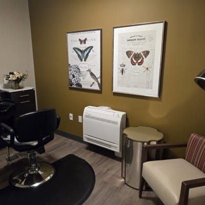 A beauty salon area with decor and furnishings