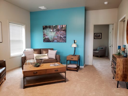 Comfortable lounge area in a senior living facility