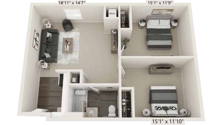 Architectural floor plan of a two-bedroom unit