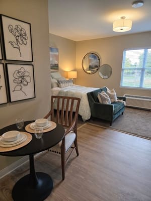 Cozy resident room set up with decor and furnishings