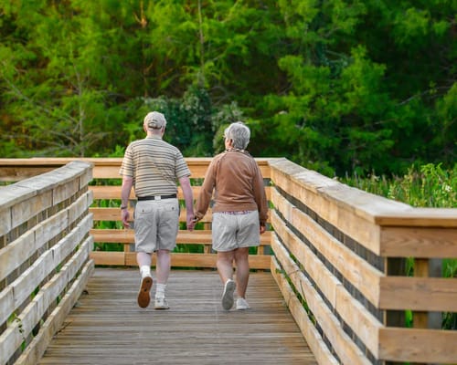 Two seniors walking on a wooden boardwalk