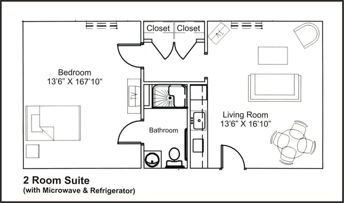 Architectural floor plan of a 2 room suite