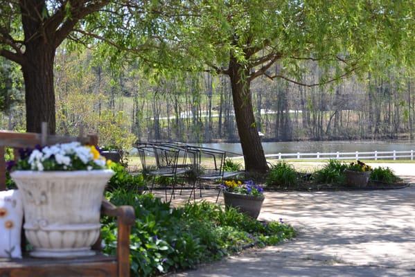 Outdoor seating area with a view of the lake